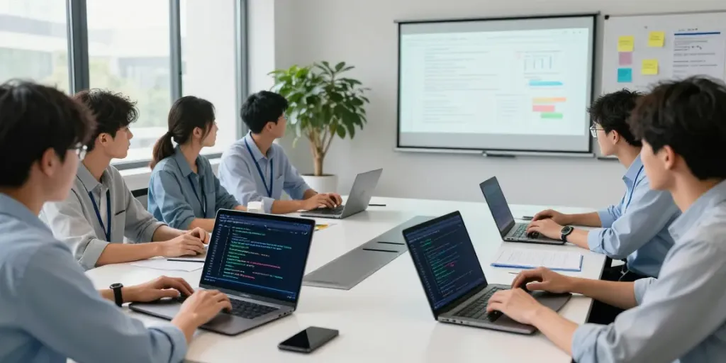 Diverse team collaborating in a modern workspace, focusing on Enterprise AI solutions.