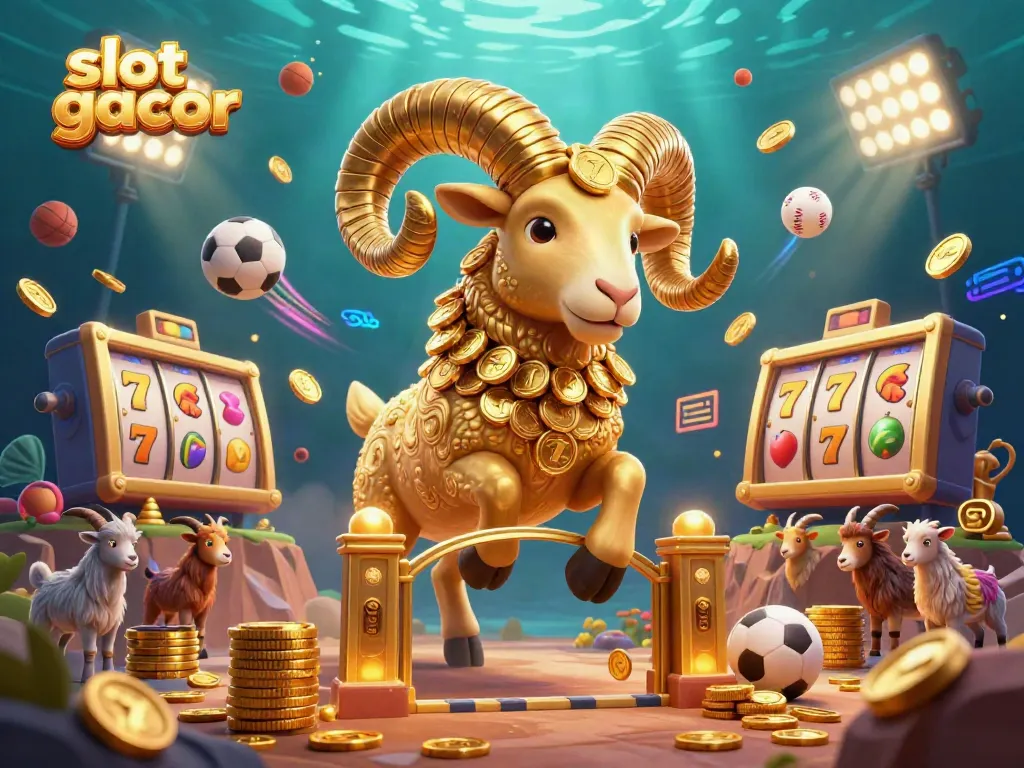 Experience the excitement of slot gacor with a golden ram charging through a vibrant casino scene filled with dynamic elements.