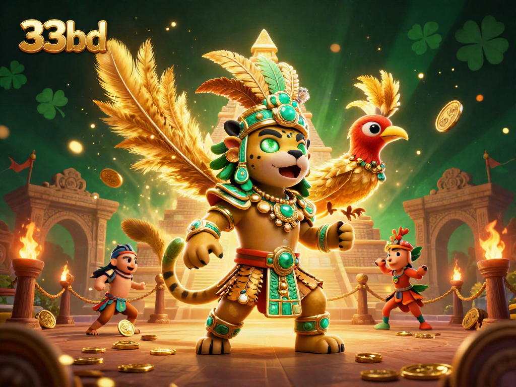 Experience the thrill of 33bd with a dynamic 3D illustration of a Mayan jaguar priest in a vibrant casino scene.