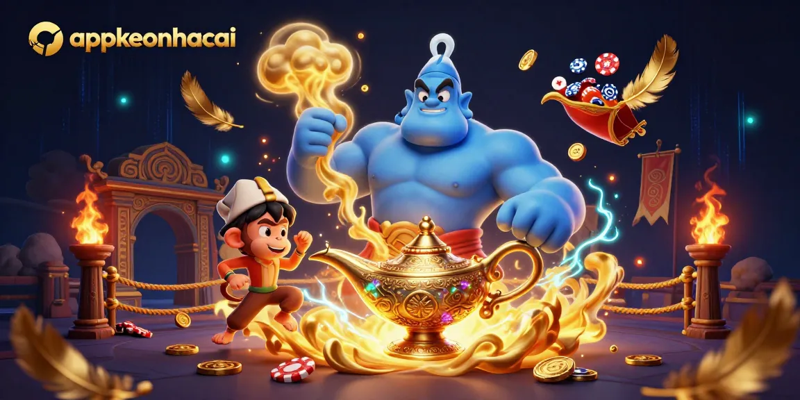 Experience dynamic sports betting action with appkeonhacai's genie, monkey, and magic carpet in a vibrant casino atmosphere.