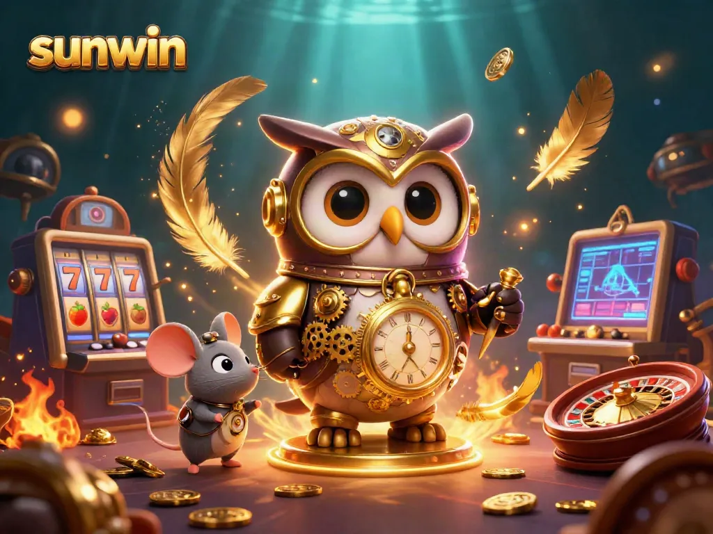 Engage with sunwin casino games, showcasing vibrant slot machines and a lively owl character.