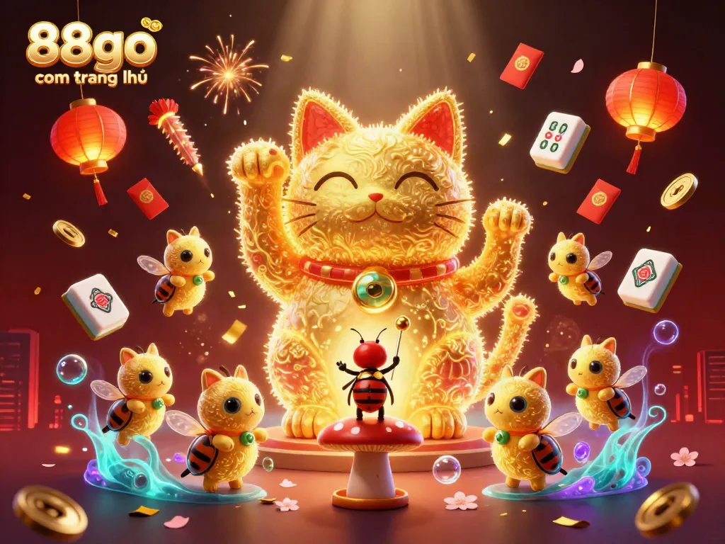 Experience the excitement of gaming with 88go com trang chủ, featuring a vibrant lucky cat and casino symbols.