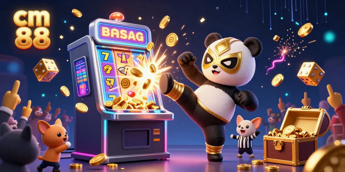 Engage with cm 88 in this vibrant casino scene featuring a wrestling panda, chihuahua referee, and animated slot machine highlights.