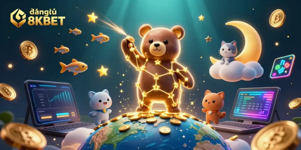 Experience the magic of đăng nhập 8KBET, witnessing a constellation bear collecting coins amidst an enchanting night sky.