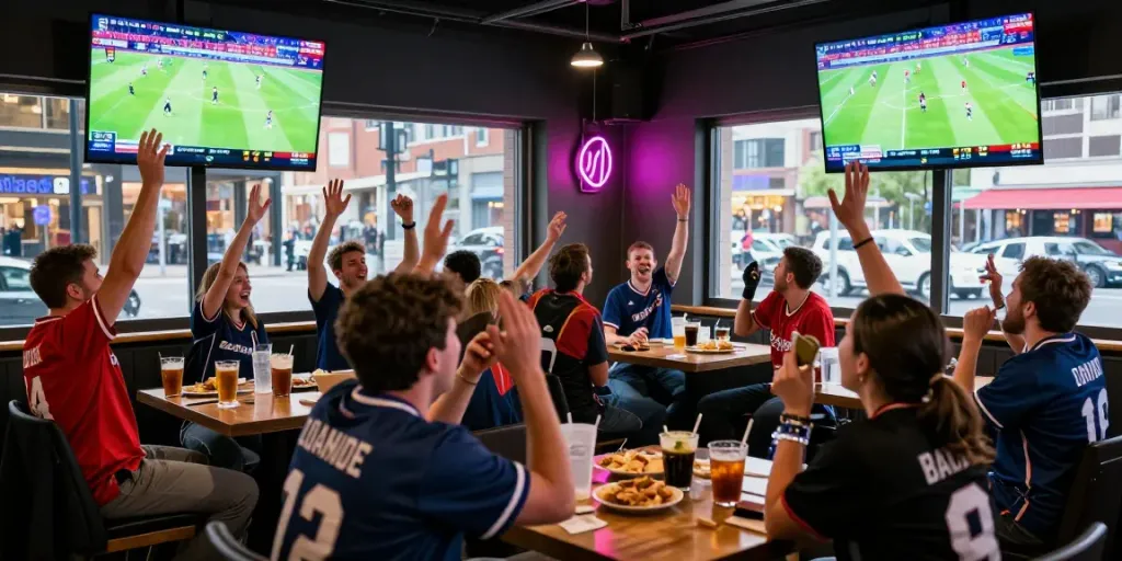 Fans enjoying live action as they celebrate gourmeticat match results at vibrant sports bar.