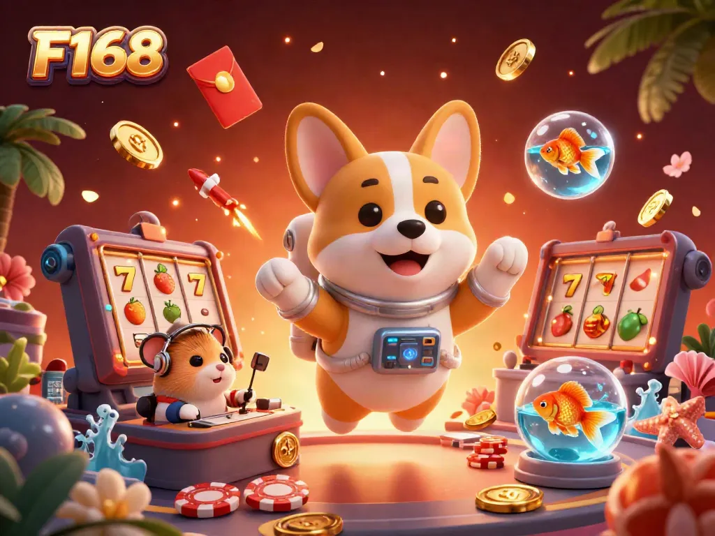 Experience thrilling gameplay at F168 with a 3D cartoon corgi and vibrant casino elements floating in space.
