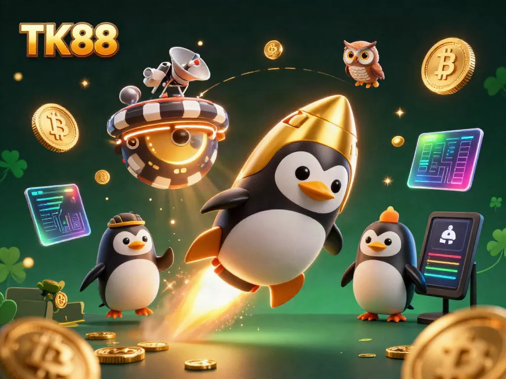 Experience the thrill of TK88’s casino world, featuring a rocket-powered penguin navigating a vibrant digital space.