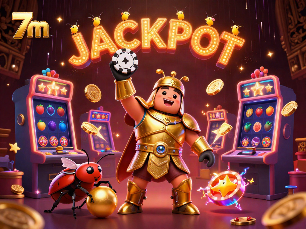 7m hercules beetle celebrates a win in a glittering casino scene full of glowing slot machines.