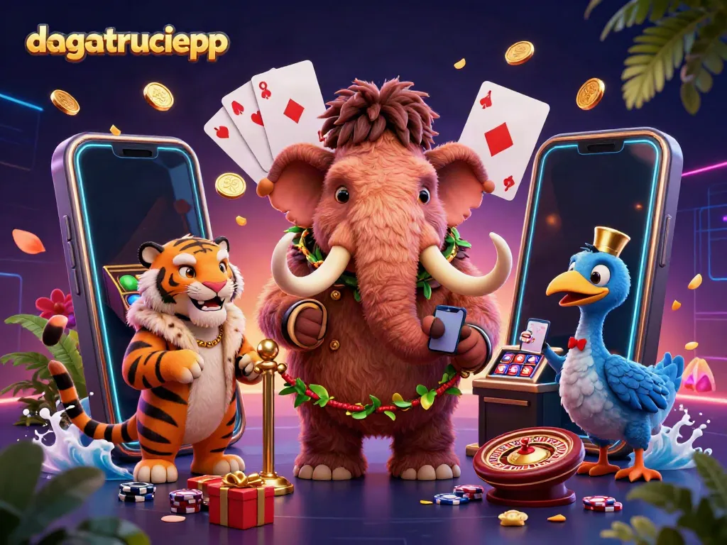 Exciting scene of dagatructiepp casino with mammoth bouncer, saber-tooth guest, and dynamic gaming elements.