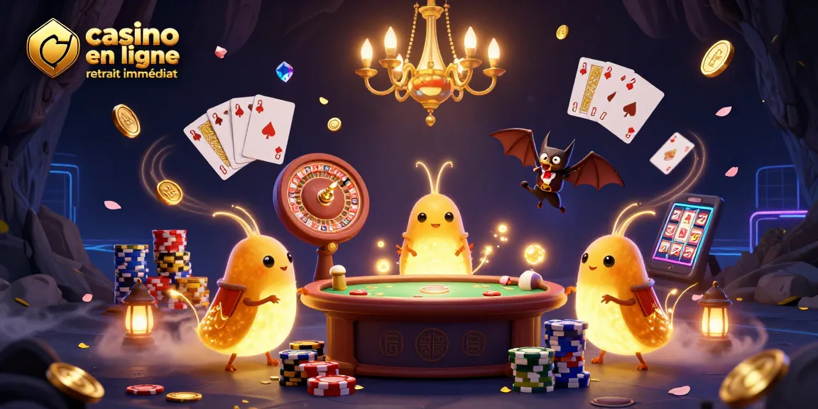 Casino en ligne retrait immédiat avec un casino animé rempli de lumières et de gains.