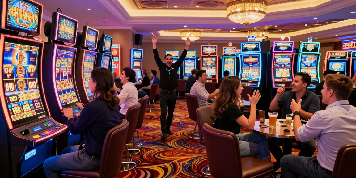 Players celebrating a win at a slot jackpot machine in a vibrant casino setting.