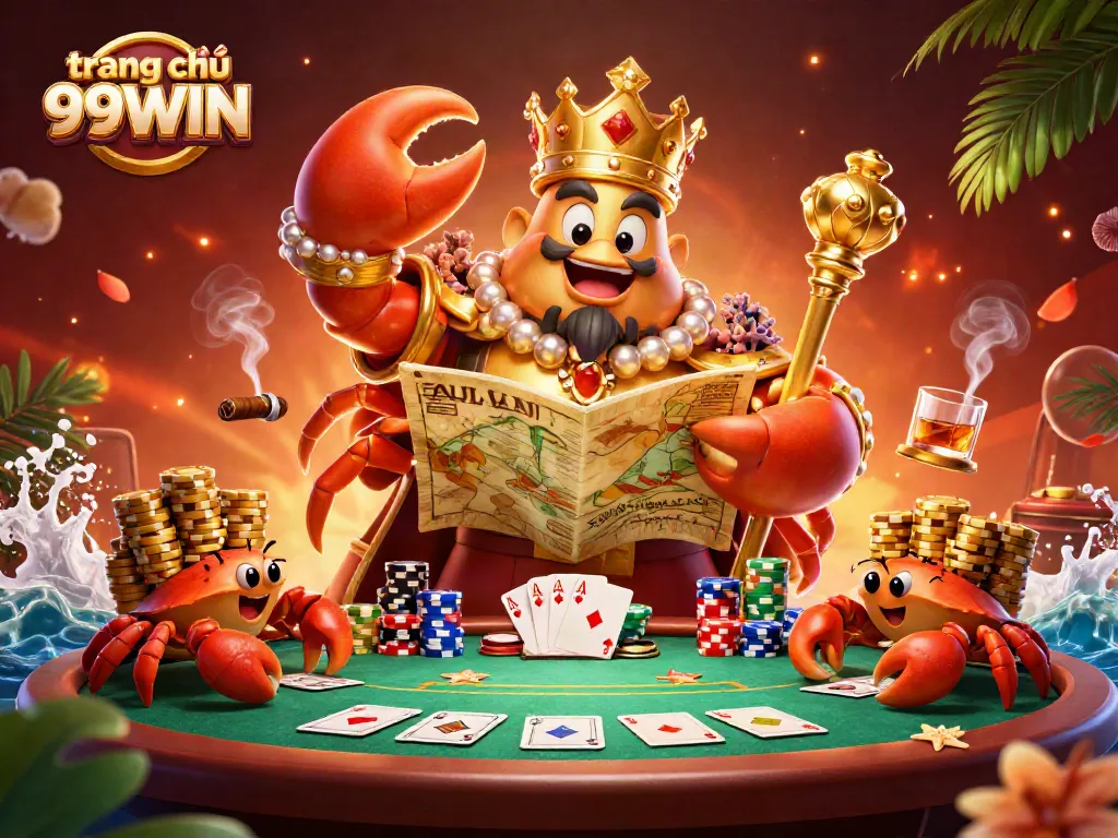 Experience the excitement at trang chủ 99WIN with a lavish casino scene, featuring a golden crab emperor and thrilling poker elements.