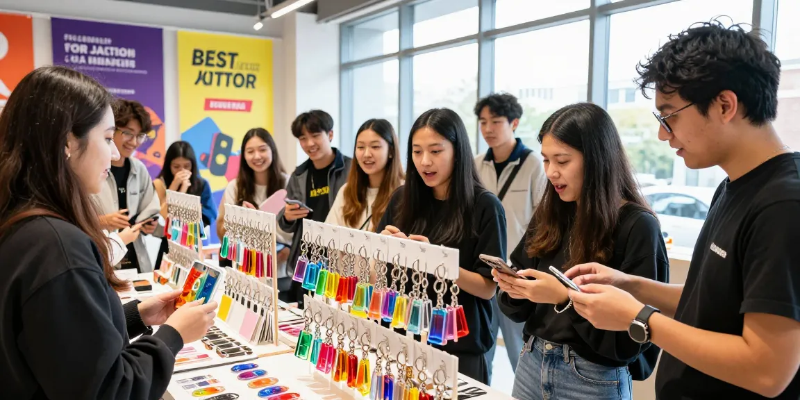 Shoppers exploring custom keychains in a vibrant retail environment, excited by unique designs.