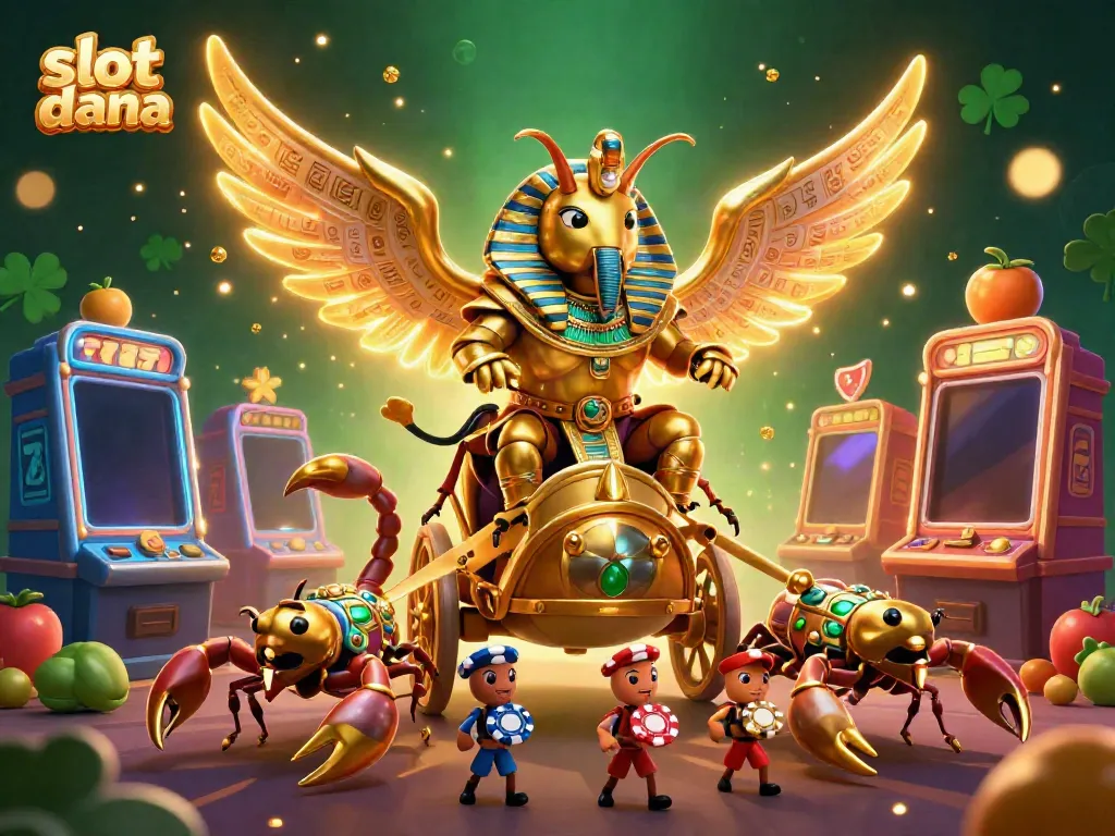 Gambarkan slot dana dengan scarab emas dan mesin slot penuh simbol keberuntungan.
