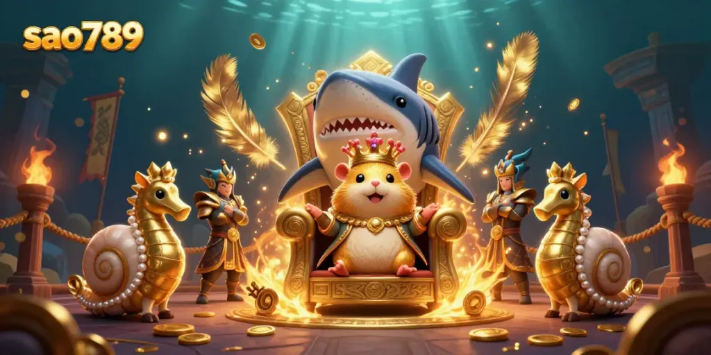 Experience the thrilling adventure of sao789 with a golden hamster king and his seahorse guards in an underwater casino setting.