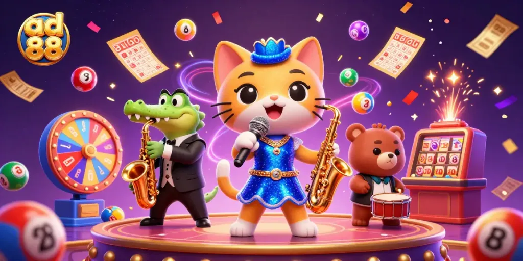 Engage with ad 88’s vibrant casino world featuring lively characters and dynamic gaming elements.