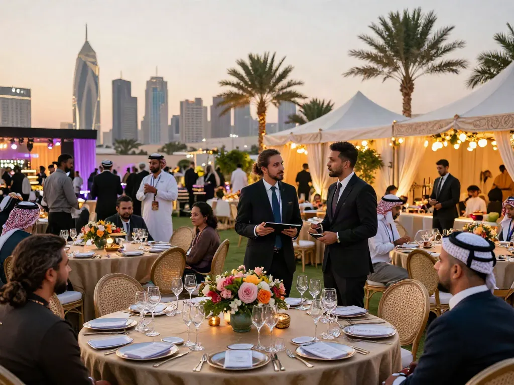 Event rental ksa setup featuring a luxurious outdoor corporate gathering with elegant tents and decorations in Saudi Arabia.