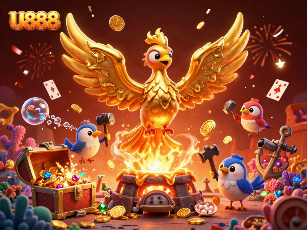 Win big at U888 with a molten golden phoenix and treasures in this vibrant 3D casino scene.