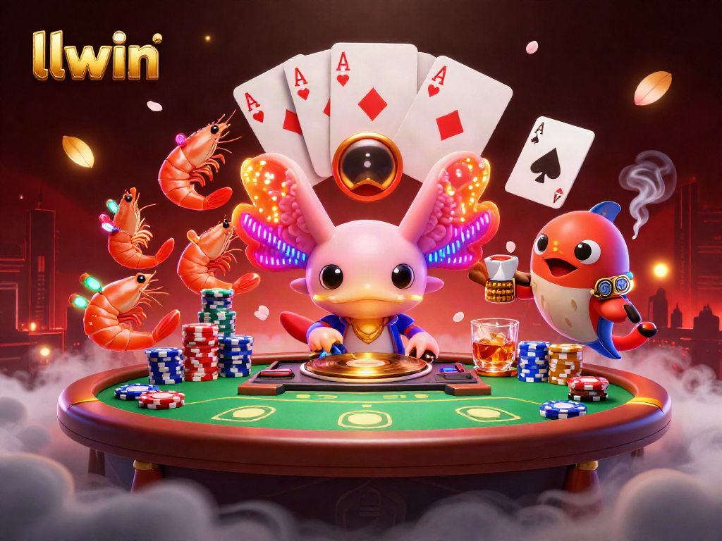llwin captures an energetic poker scene with a DJ axolotl and vibrant characters immersed in the action