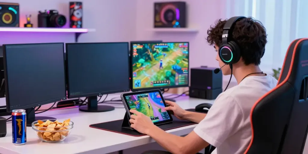 Engaging rokok88 rtp gaming experience with a player immersed in colorful graphics.
