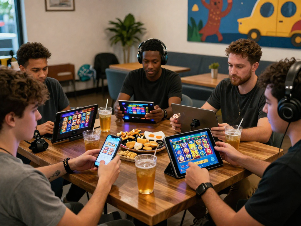 Players enjoying slot games on various devices in an inviting lounge setting, showcasing an engaging gambling atmosphere.