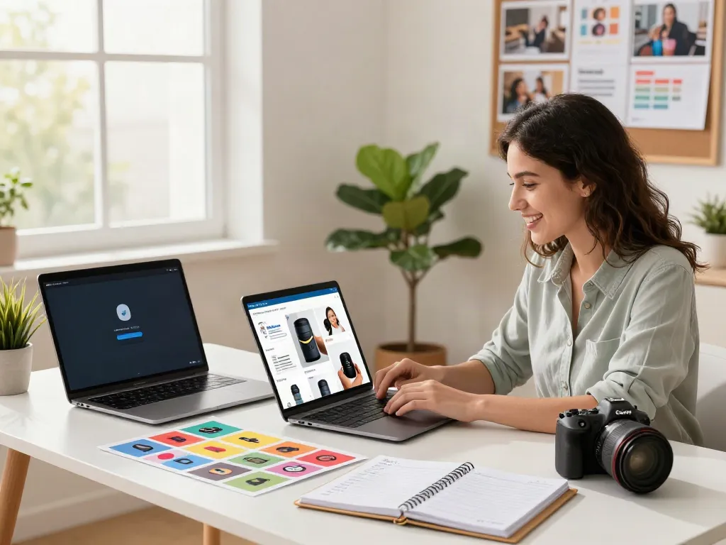 Entrepreneur using the Amazon product photo generator to design vibrant product images in a bright home office.