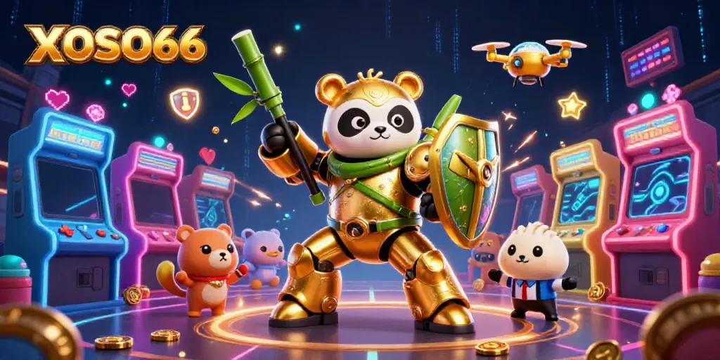 XOSO66 showcases a vibrant 3D arena packed with colorful gaming elements and a golden panda in action.