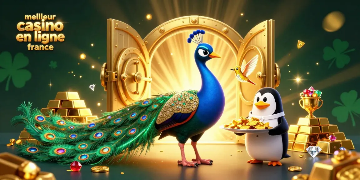 Scène magnifique illustrant le meilleur casino en ligne France avec un paon, pingouin servant des jetons d'or et un colibri en diamant.
