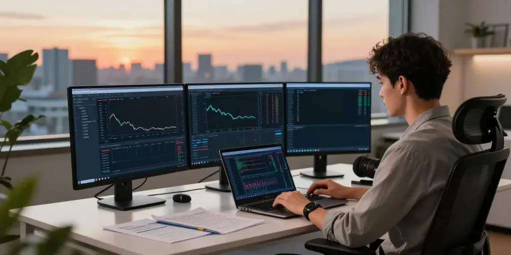 Young professional using MetaTrader 5 in a modern home office.