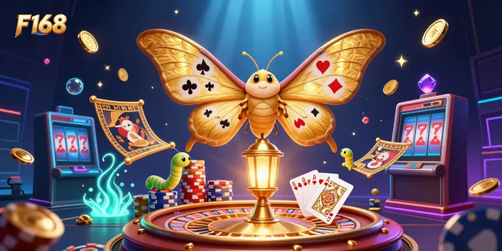 Experience top-tier gaming action with F168 as vibrant golden currencies and immersive casino elements surround our captivating moth.