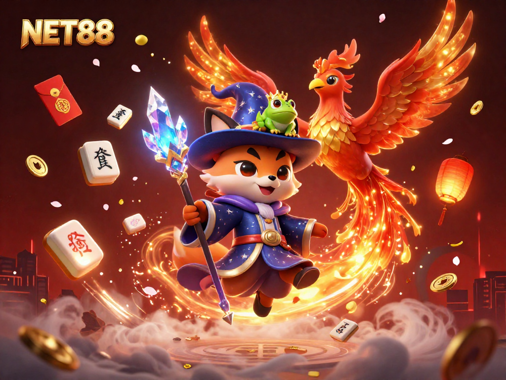 Experience the thrill of NET88 with a vibrant 3D casino scene filled with magical elements and animations.