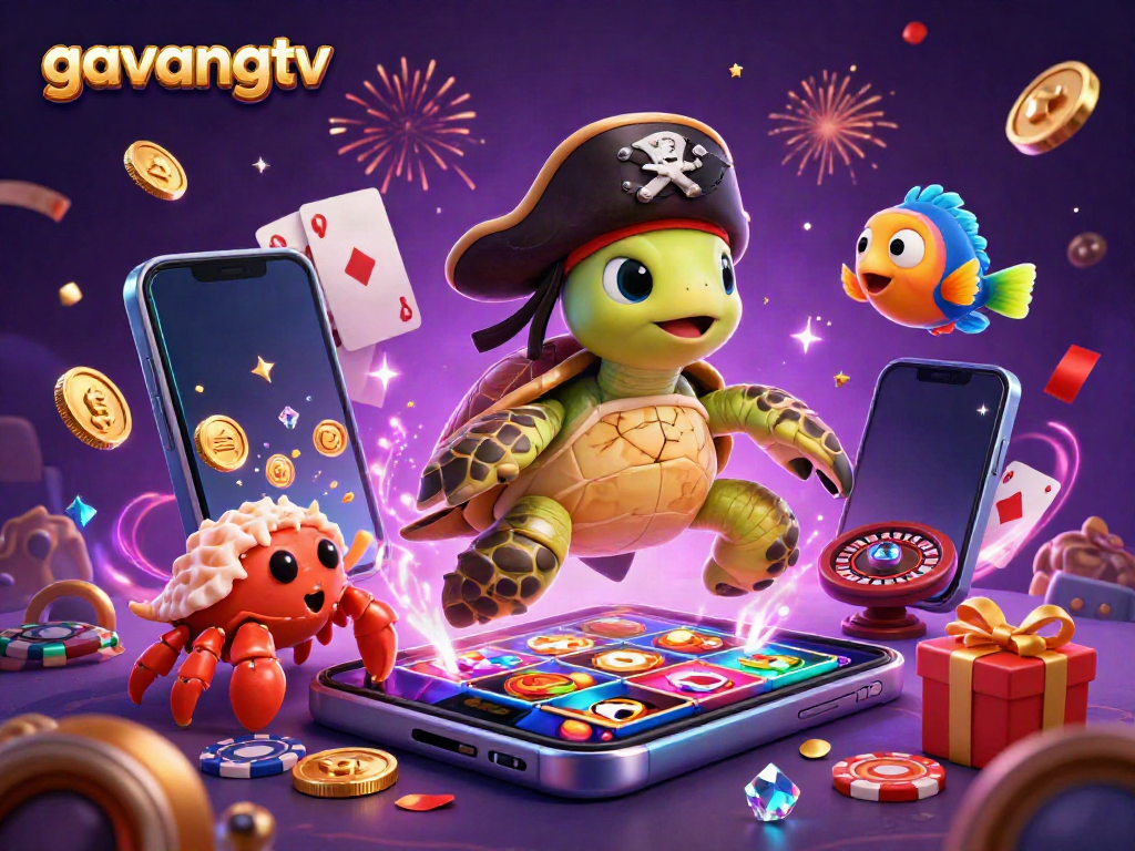 Experience thrilling moments with gavangtv as a pirate turtle, hermit crab, and parrotfish play amidst casino treasures.
