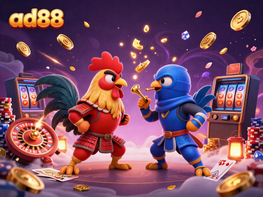 Engage with ad88's thrilling casino scene featuring epic rooster combat in a vibrant, dynamic atmosphere.