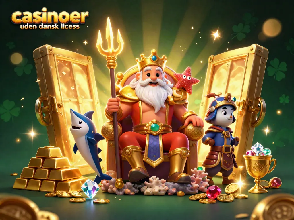 Experience the thrill at casinoer uden dansk licens with Neptune and treasure in this vibrant 3D scene.