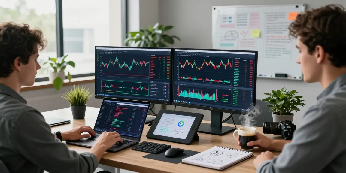 Developer analyzing Nasdaq index data feed in a modern workspace, showcasing dynamic financial software setup.