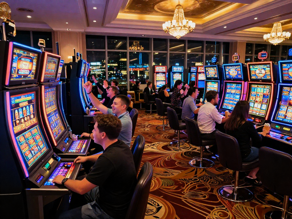 Players celebrating a huge slot jackpot win in a vibrant casino with colorful lights.