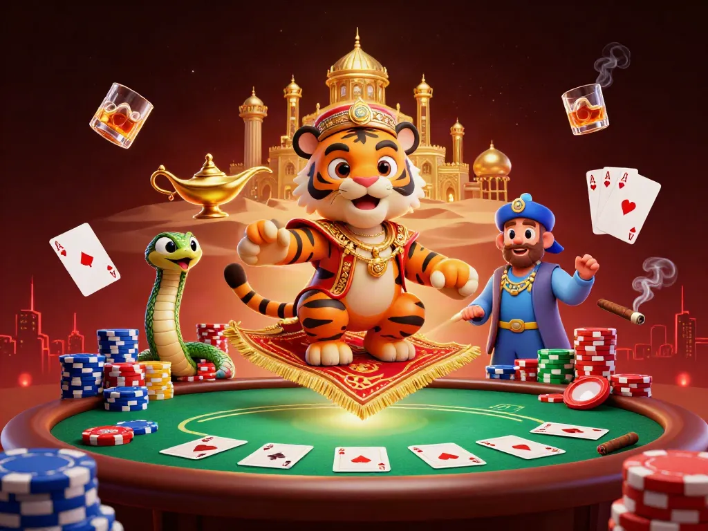 Hire Santa Claus near me while enjoying a vibrant casino scene filled with poker elements.