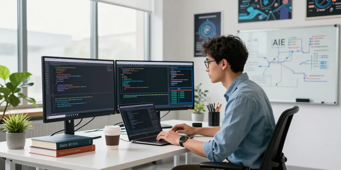 A data scientist interacting with AI agents in a modern tech workspace, showcasing advanced software tools and a vibrant office environment.