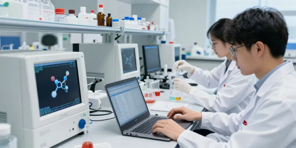 Researchers investigating SwissChems peptides in a high-tech lab environment.