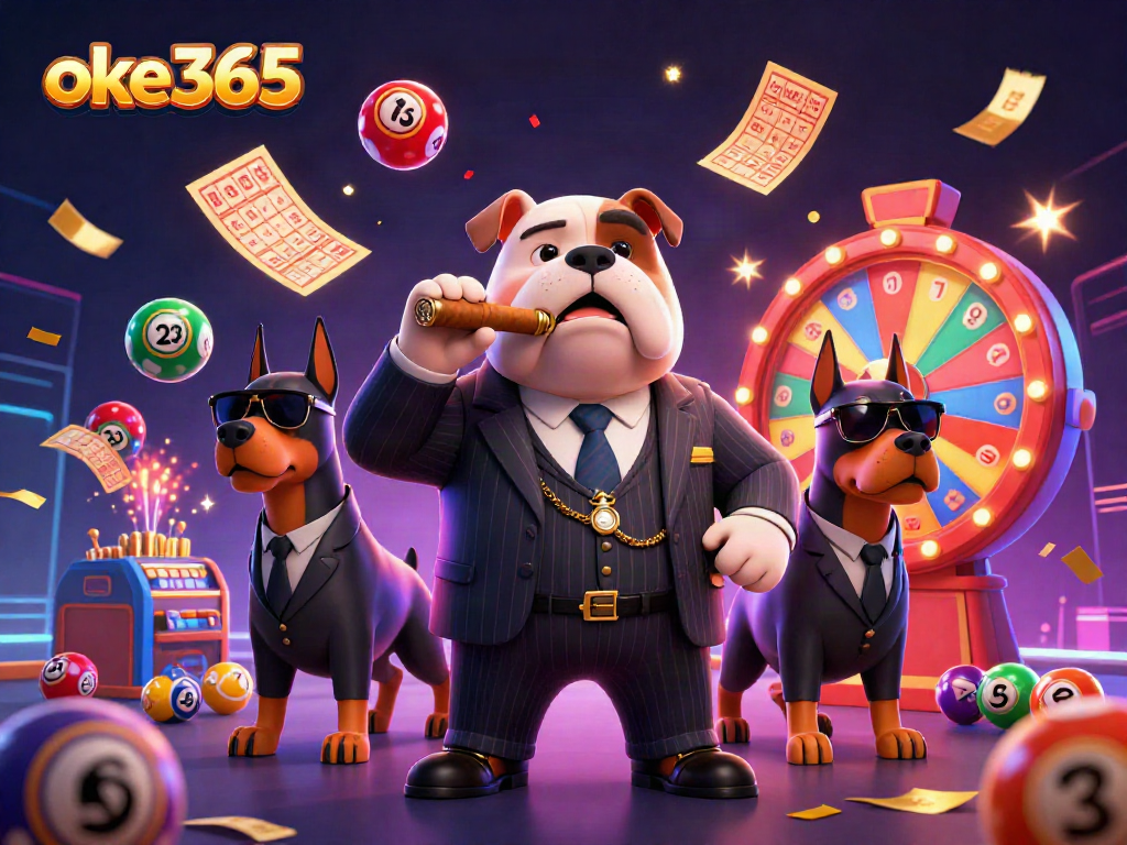 Experience the excitement of oke365 with lively lottery elements, animated characters, and vibrant casino visuals.