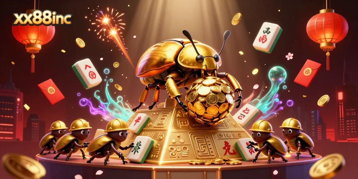 Experience exciting gameplay at xx88inc with golden beetles and vibrant casino elements in this animated scene.
