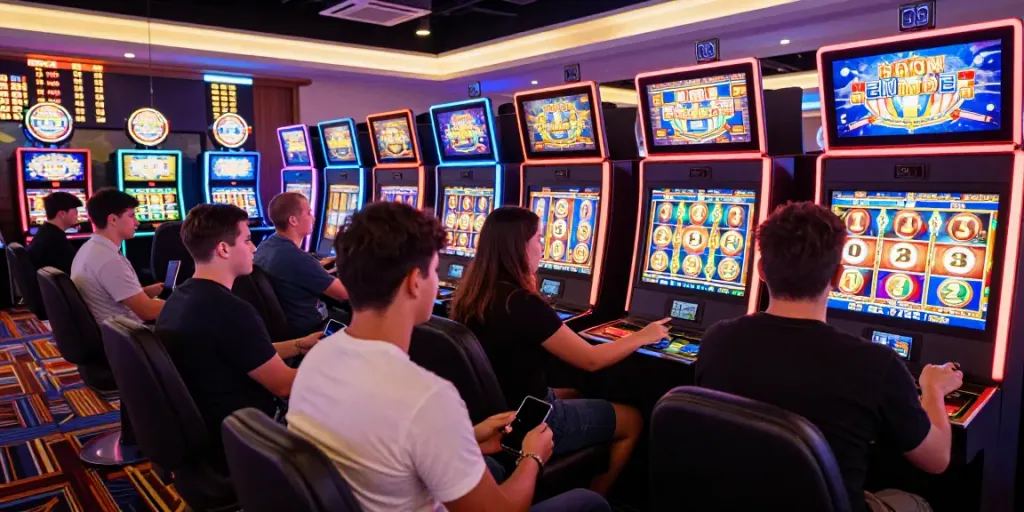 Permainan slot online yang seru dengan pemain beragam di kasino digital modern, suasana ceria dan menarik.
