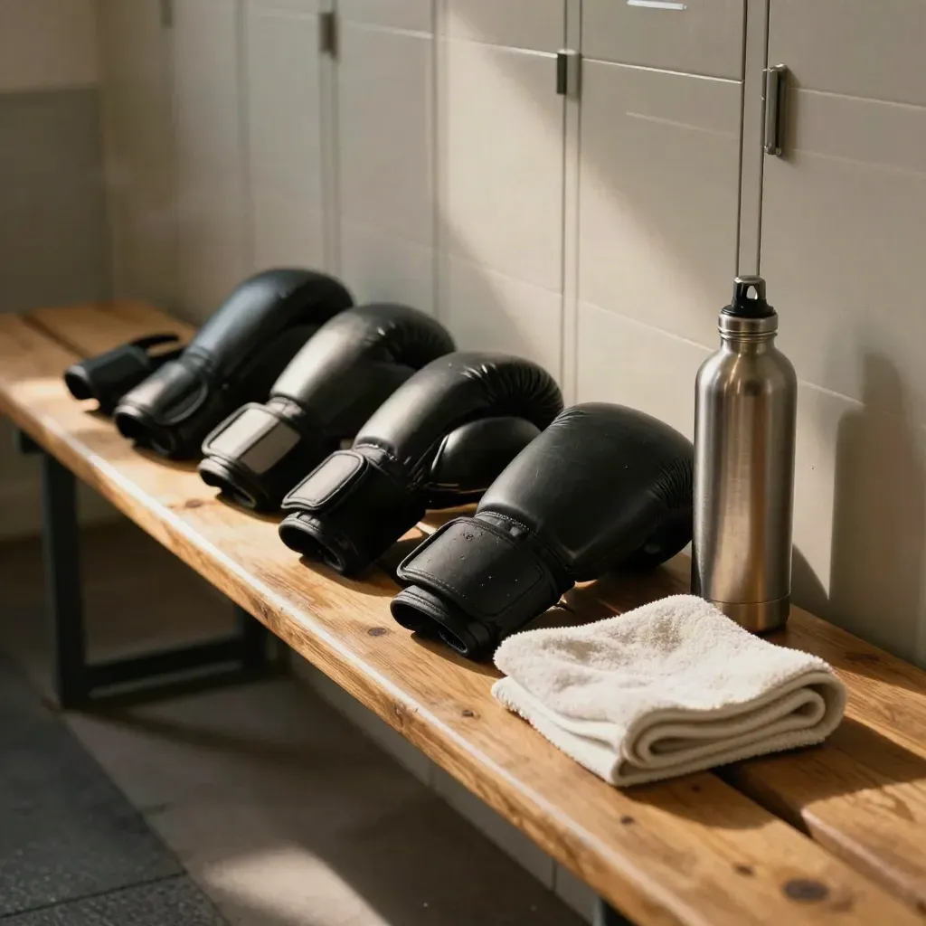 Muay Thai starter kit on a locker-room bench at sunrise with steam and warm light.
