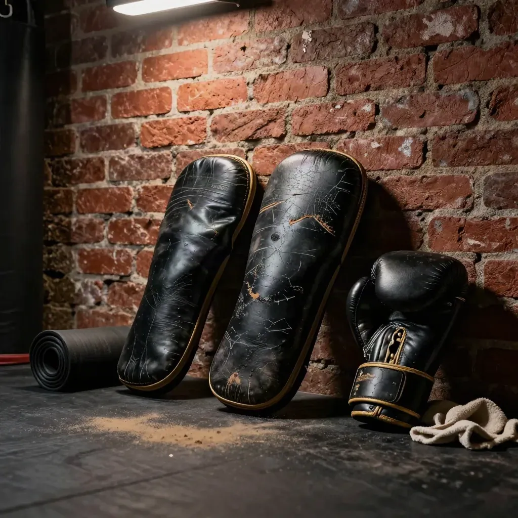 Worn kick pads and focus mitts resting against a brick wall in a dim gym.