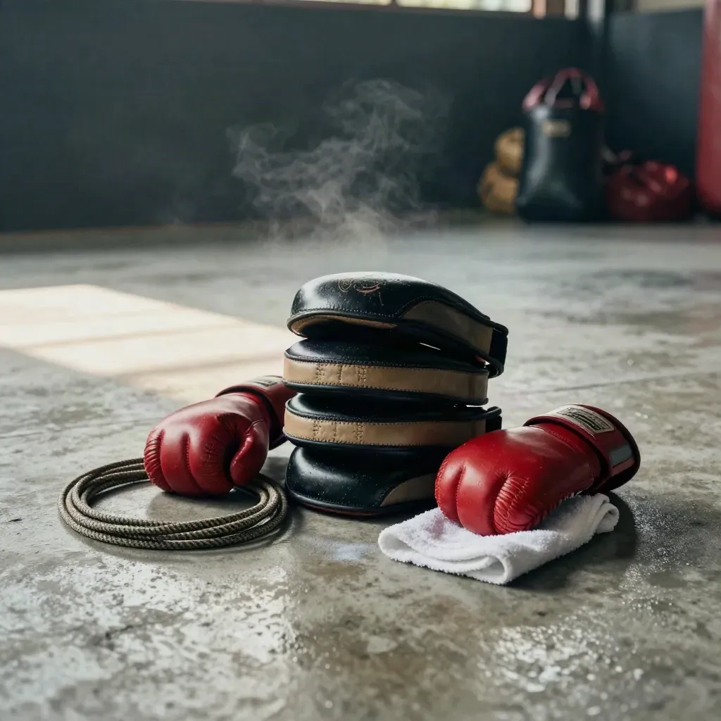 Muay Thai gear stack on wet concrete at dawn, misty gym light, red wraps and Thai pads.