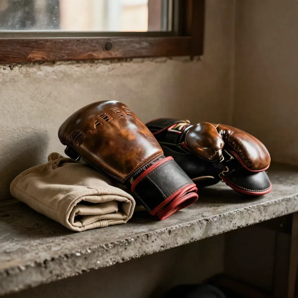 Muay Thai gloves, wraps, and shin guards drying on a concrete shelf beside a folded canvas bag.