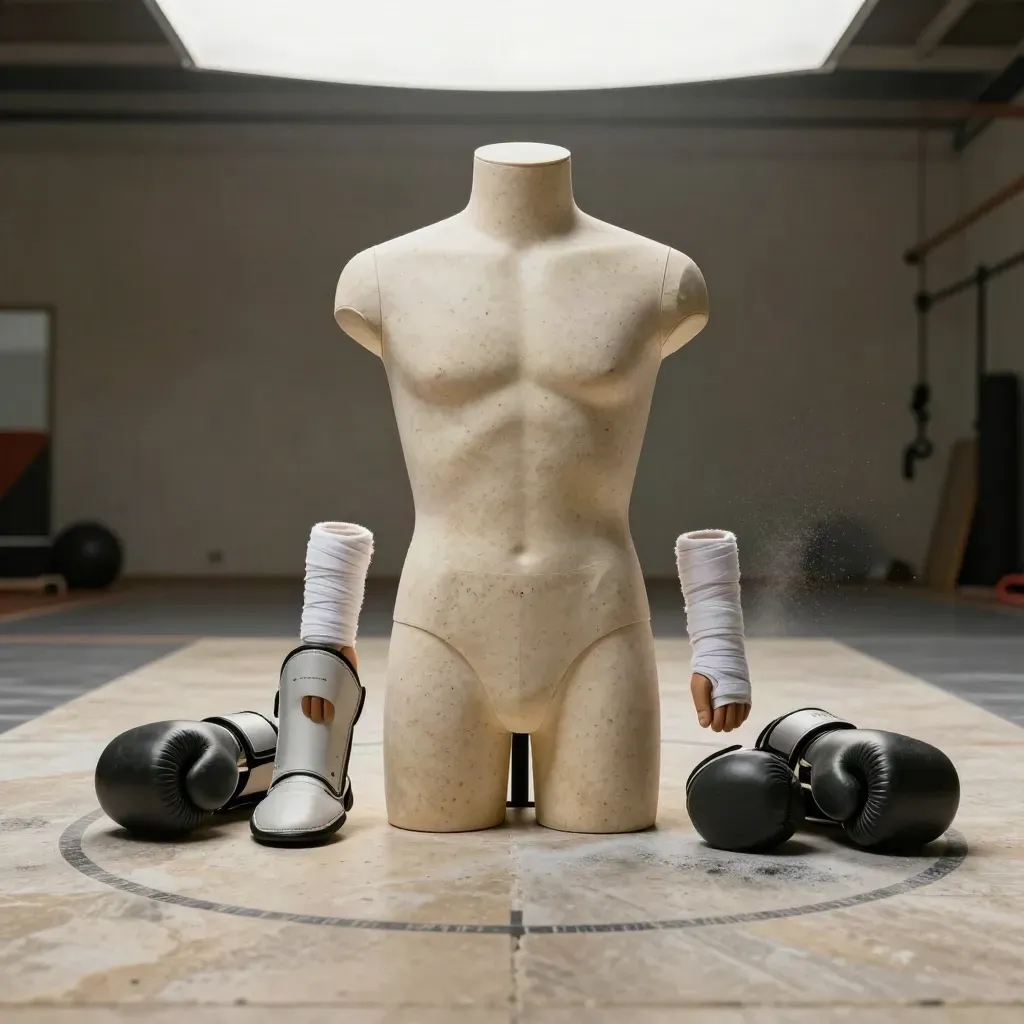 Torso striking dummy with wraps, shin guards, and gloves on pale travertine gym floor.