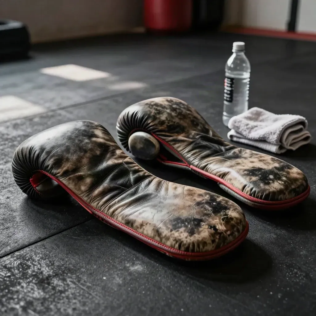 Thai pads, towel, and water bottle on a gym mat with chalk dust