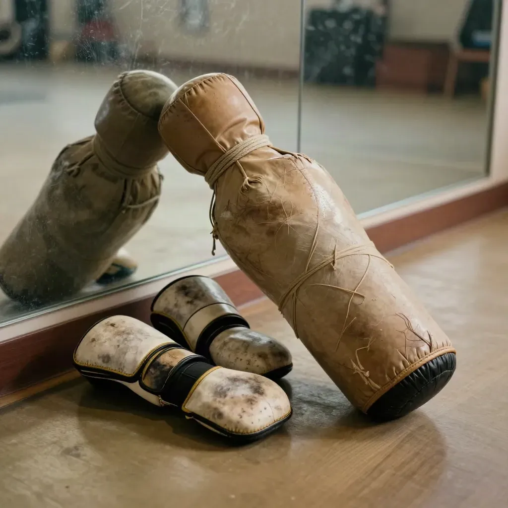 Rope-wrapped clinch dummy and forearm pads on a worn Muay Thai gym floor