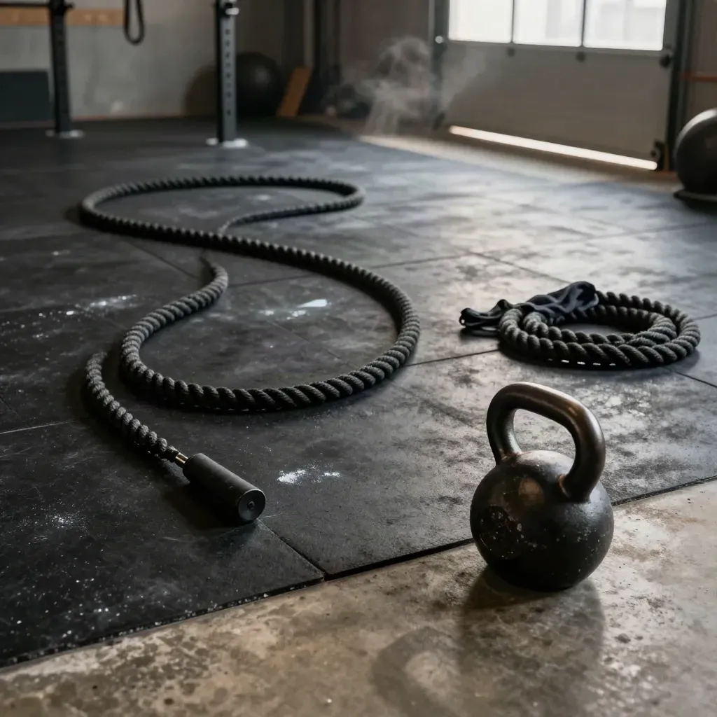 Fight-fitness gear on black rubber floor by an open garage door, lit by a dramatic beam.
